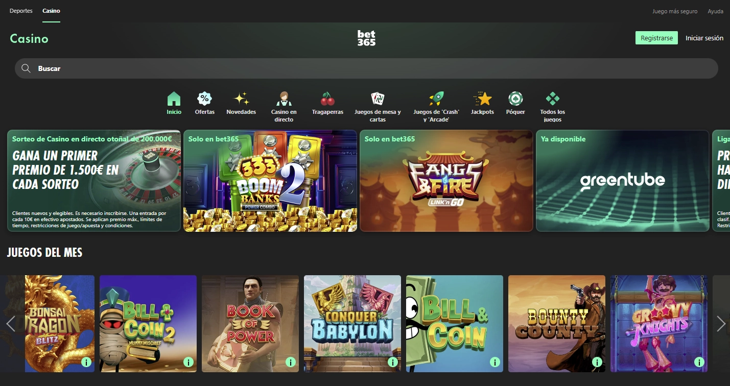 Captura del lobby principal de Bet365 Casino en escritorio