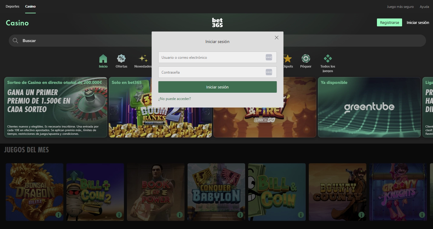Captura del formulario de registro de Bet365 Casino